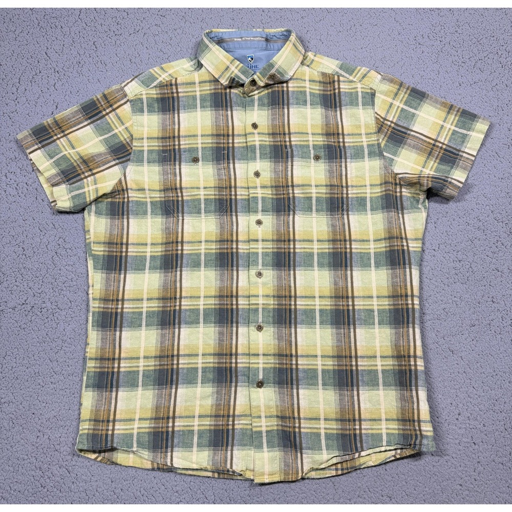 Kuhl Shirt Mens Large Green‎ Plaid Linen Cotton Short Sleeve Button Up Casual